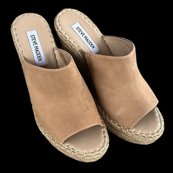 🏖️ STEVE MADDEN Beige Goring Wedge Slip On Leather Rise Shoes Women’s … - Picture 2 of 14